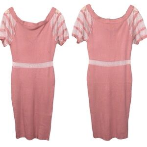 Ashley Stewart Pink Ribbed Knit Off Shoulder Midi Dress Sheer Striped Sleeve NWT